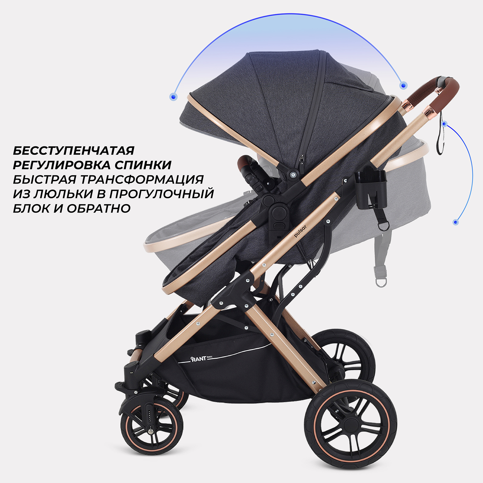 Коляска трансформер Rant Basic PULSAR GOLD (2в1) серый - фото 3