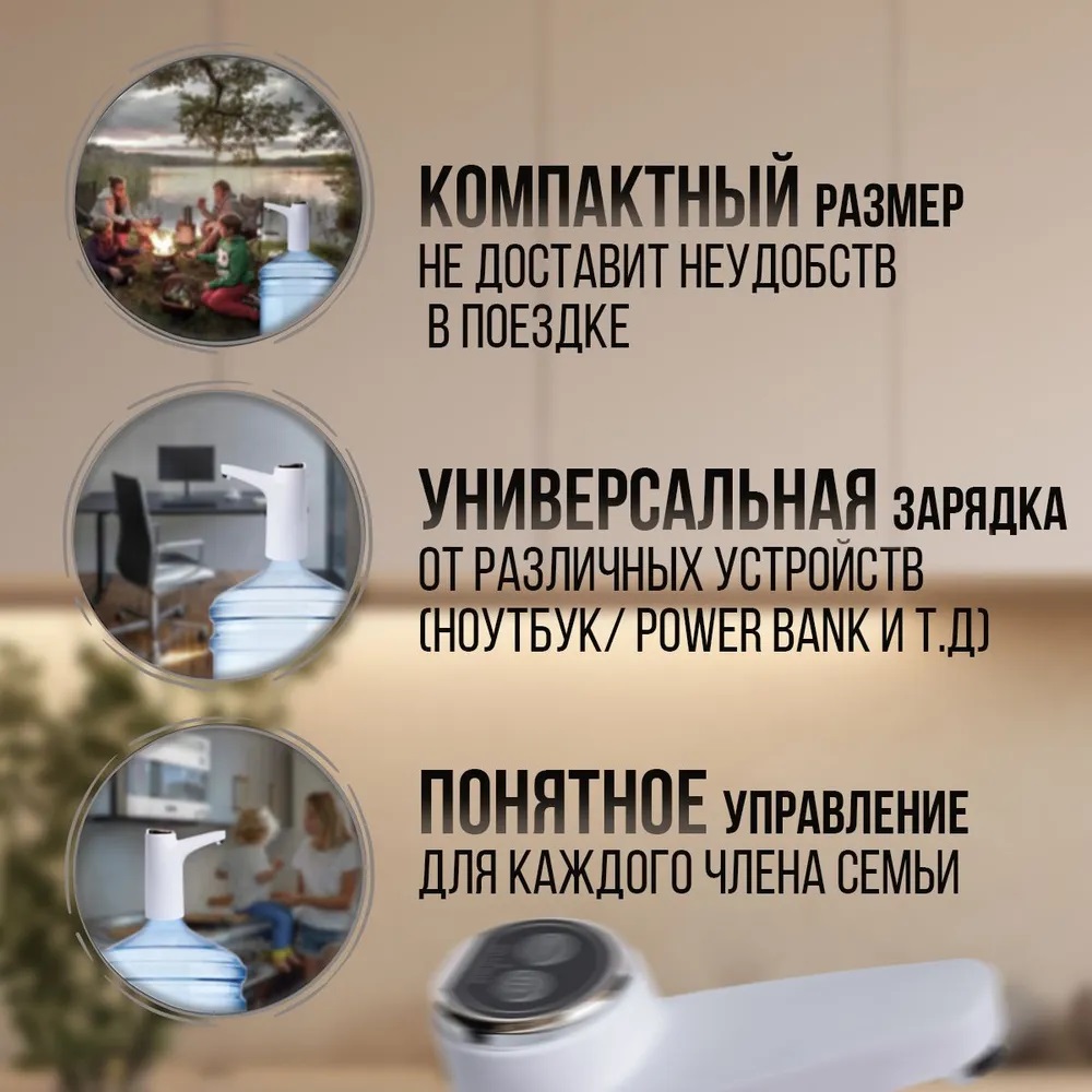 Помпа для воды электрическая CASTLELADY диспенсер автоматический с USB зарядкой электропомпа беспроводная - фото 9