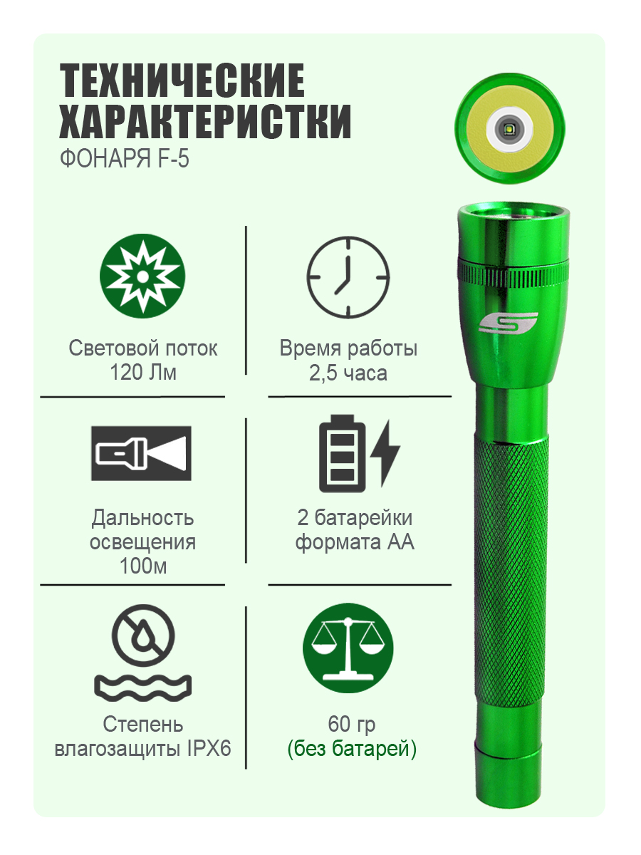 Ручной фонарь Solaris Зелёный светодиодный F-5 - фото 2