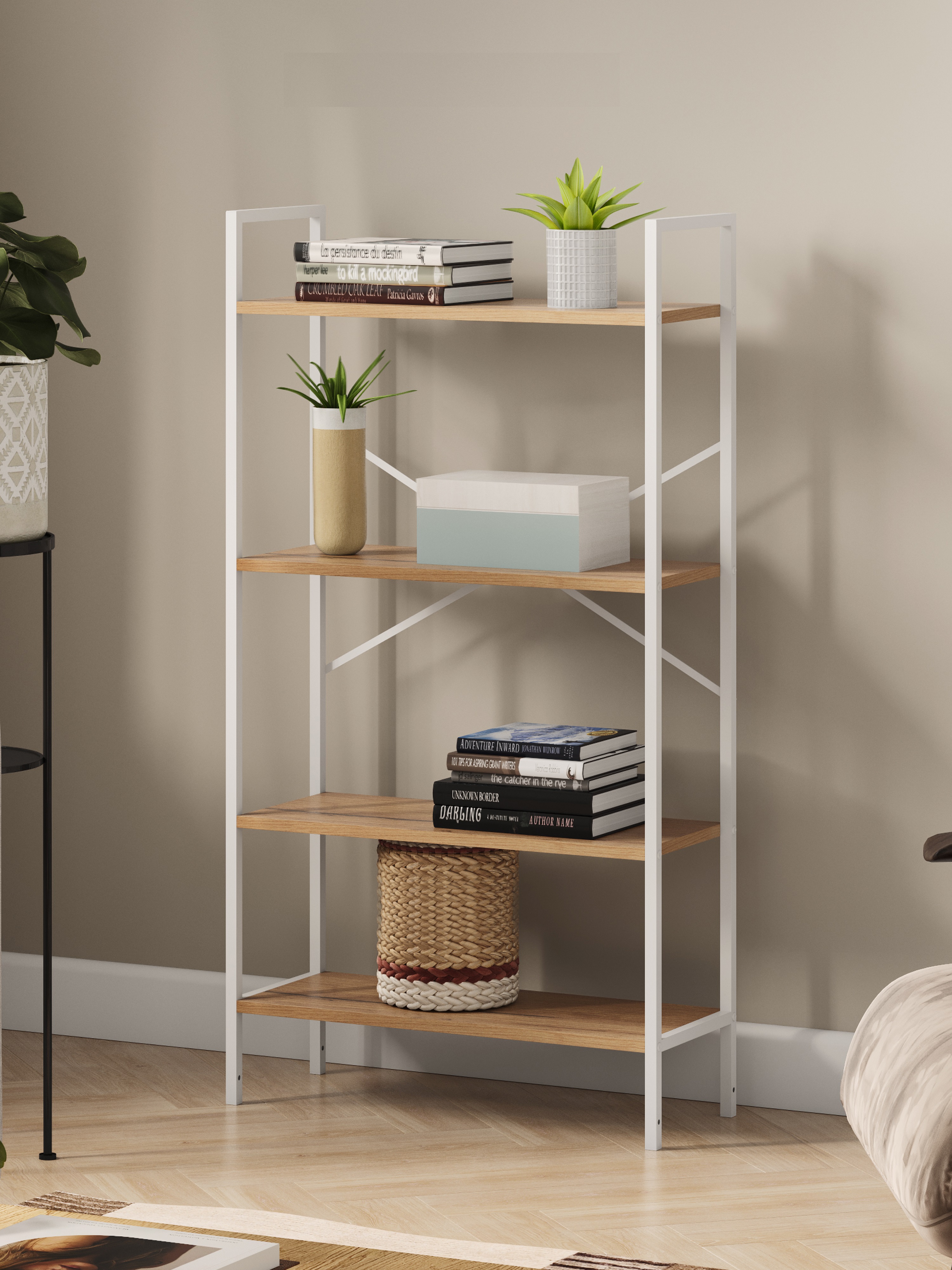 Изображение товара Стеллаж Leset Стилвуд 4 полки Белый/Дуб крафт - компактный практичный стеллаж с регулируемой нижней