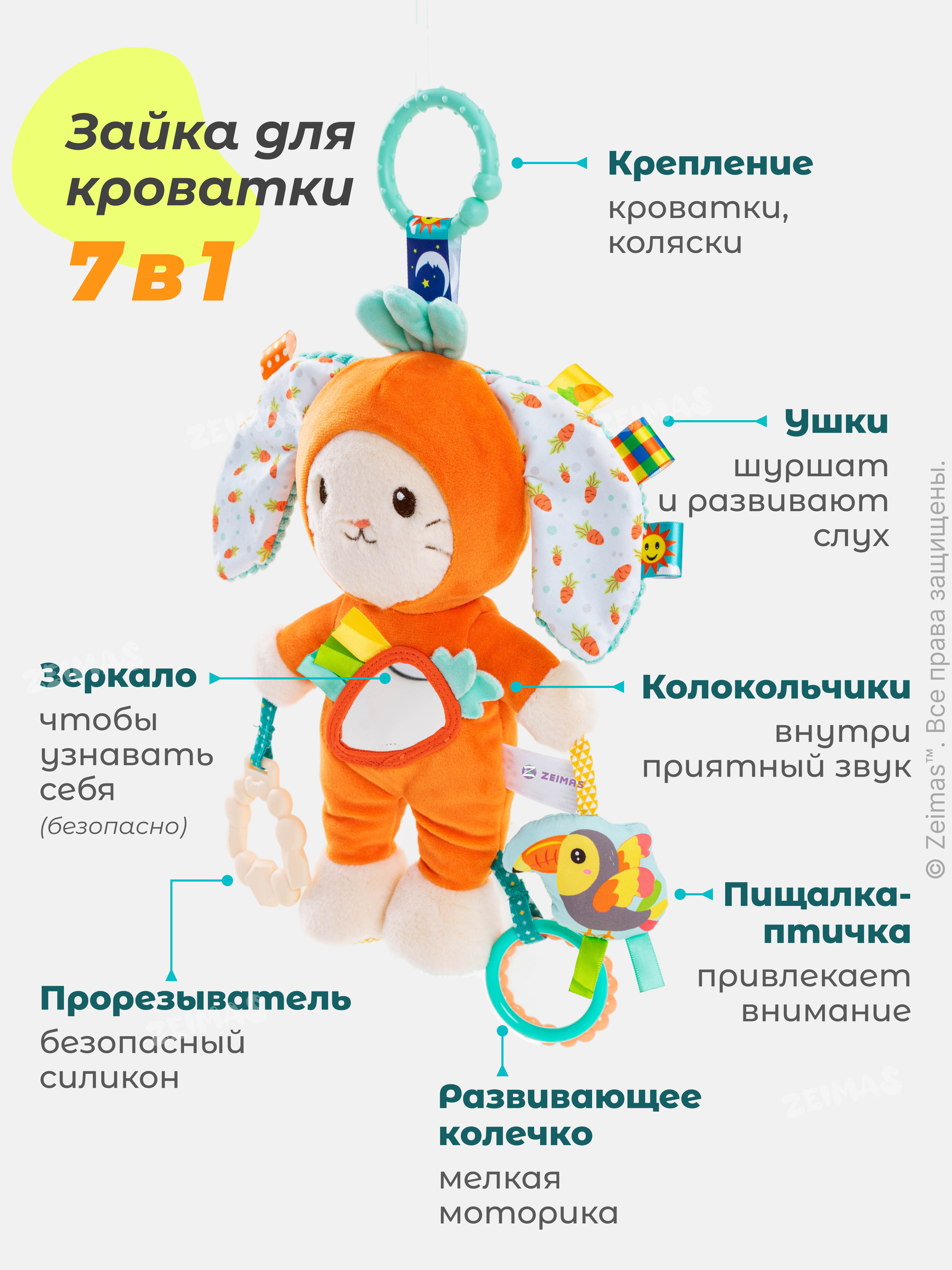 Игрушка Zeimas подвеска Развивающая погремушка Зайчик - фото 3