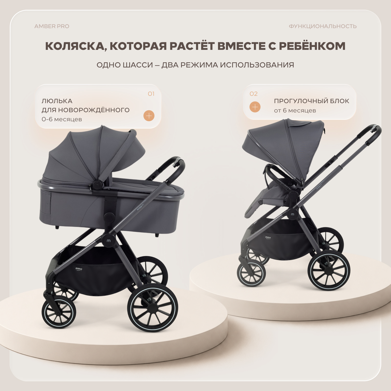 Коляска 2в1 MOWbaby Amber pro серый - фото 2