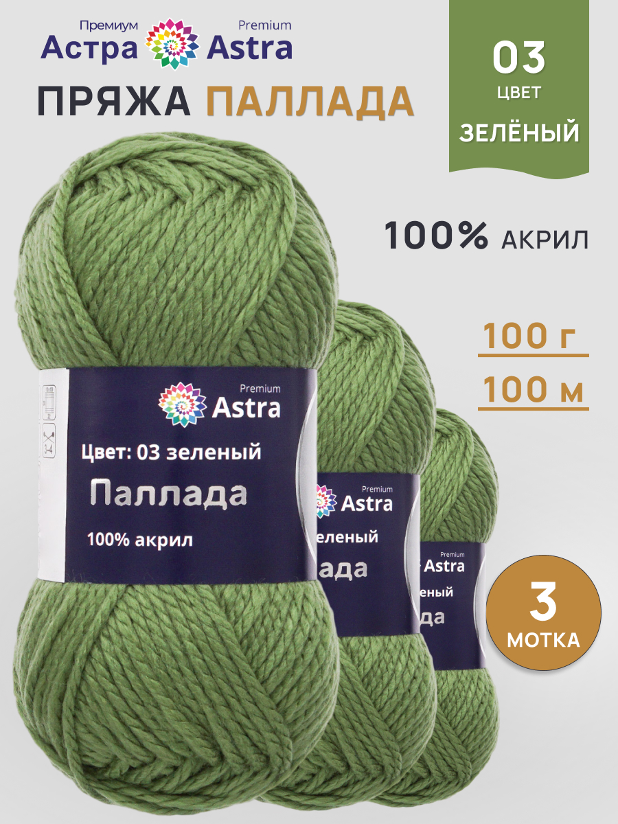 Пряжа Astra Premium Паллада акриловая 100 г 100 м 03 зеленый 3 мотка - фото 1