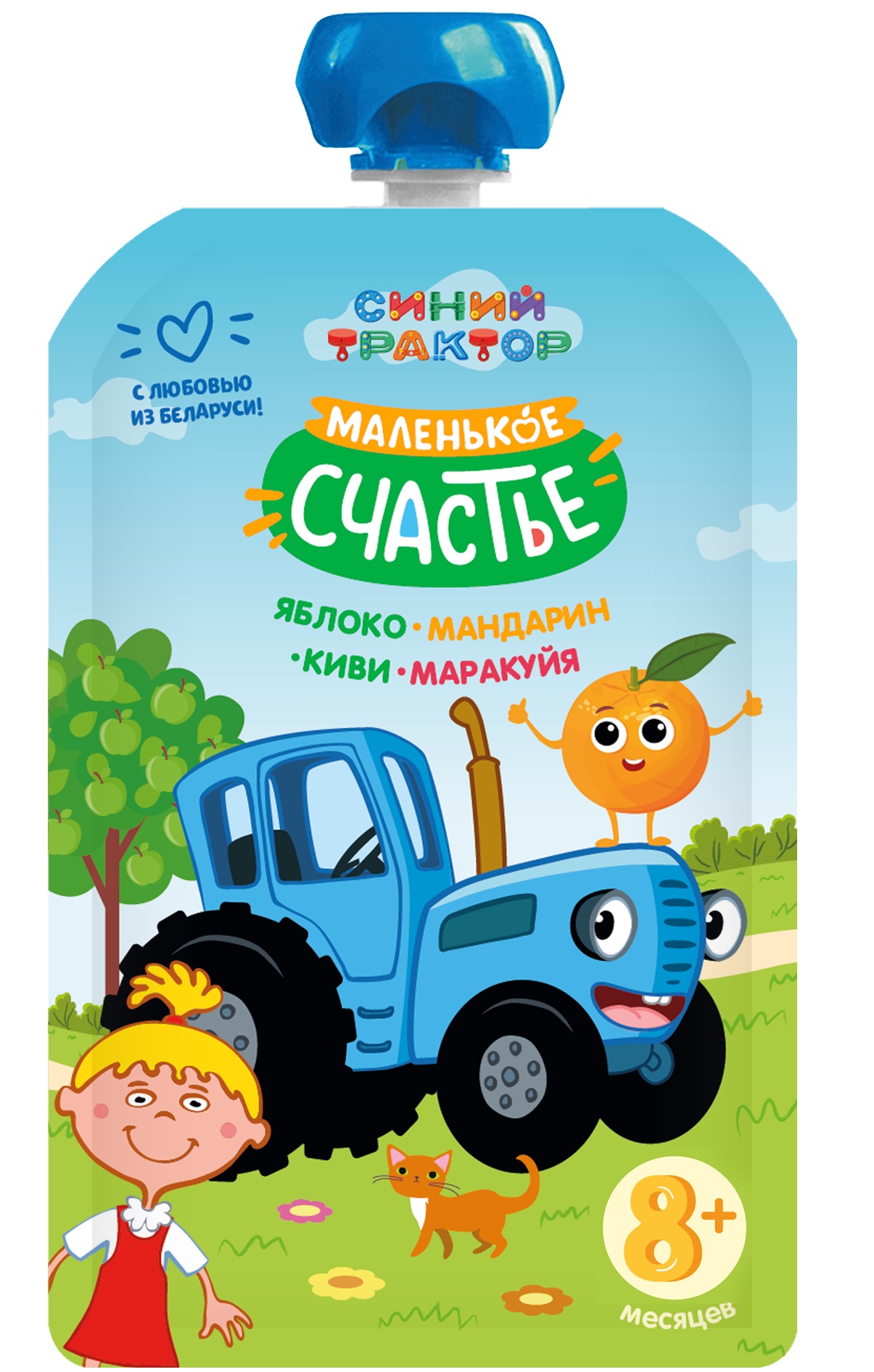Пюре Маленькое счастье Синий трактор Яблоко-Мандарин-Киви-Маракуйя 90г с 8 месяцев - фото 1