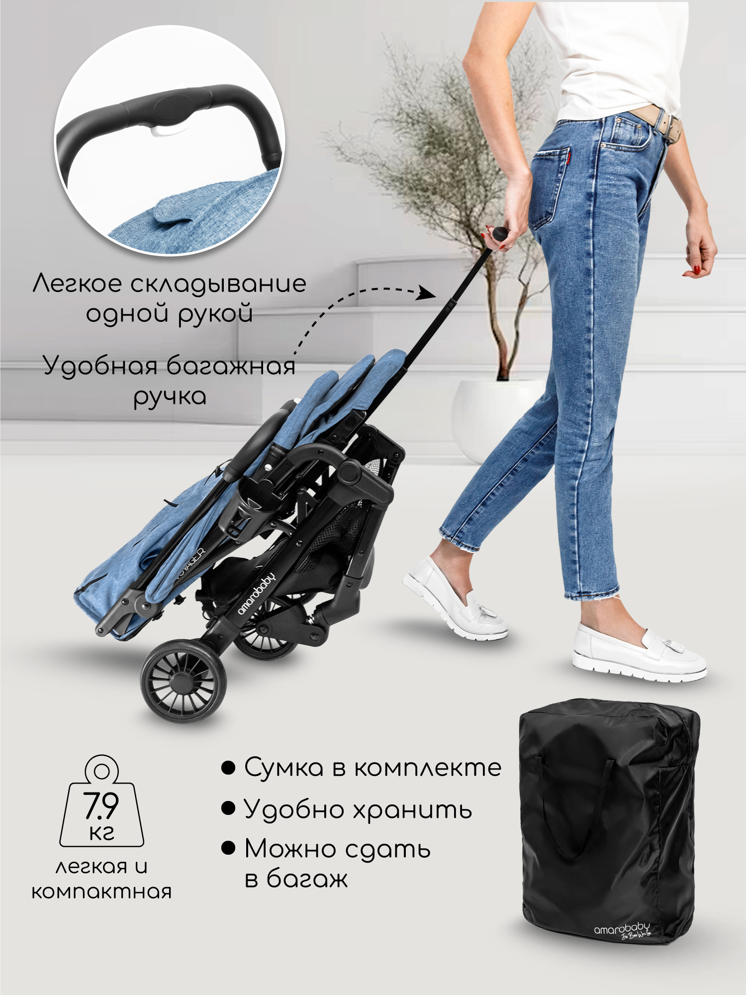 Коляска прогулочная Amarobaby Voyager синий - фото 6