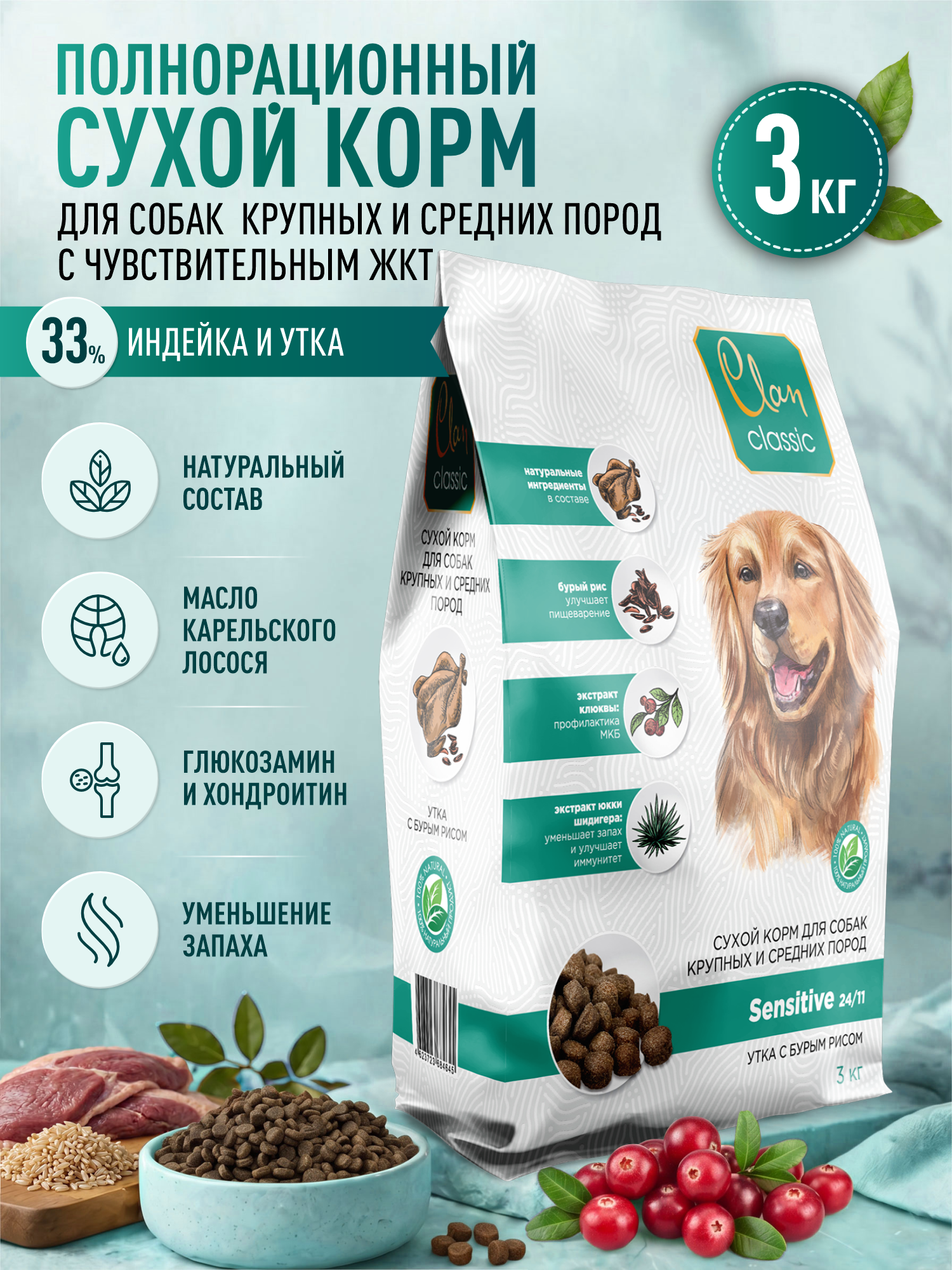 Корм для собак крупных и средних сухой Clan Classic Sensitive 24/11 с чувствительным пищеварением утка с бурым рисом 3кг - фото 1