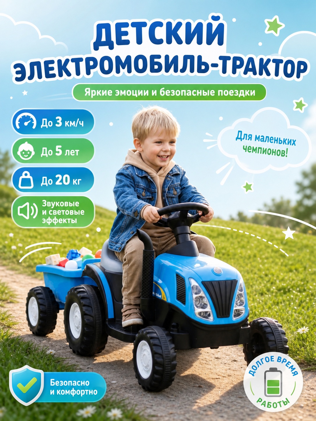 Изображение товара Электромобиль Jiajia трактор с прицепом для детей, мощность 18W, стильный дизайн Изображение товара Электромобиль Jiajia трактор с прицепом для детей, мощность 18W, стильный дизайн