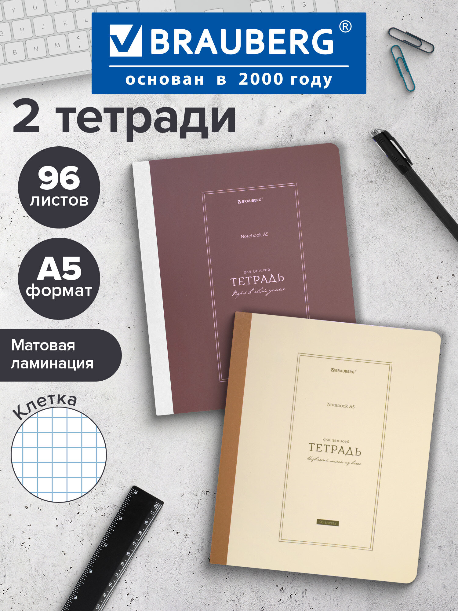 Тетрадь Brauberg клетка 96 лист. 2 шт. - фото 1