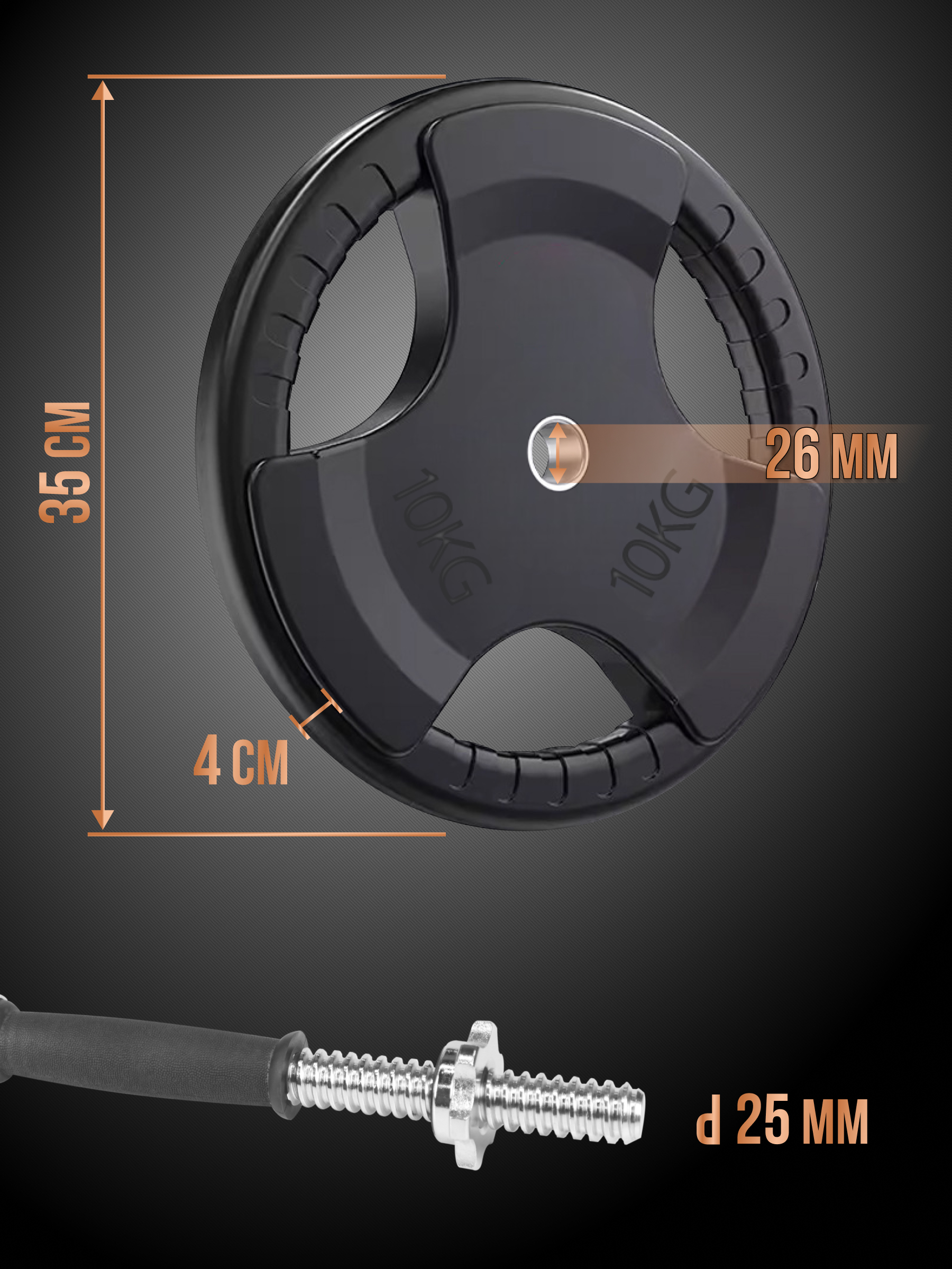 Диск обрезиненный Perfetto Sport с тремя хватами 10,0 кг 2 шт PS-828 - фото 2
