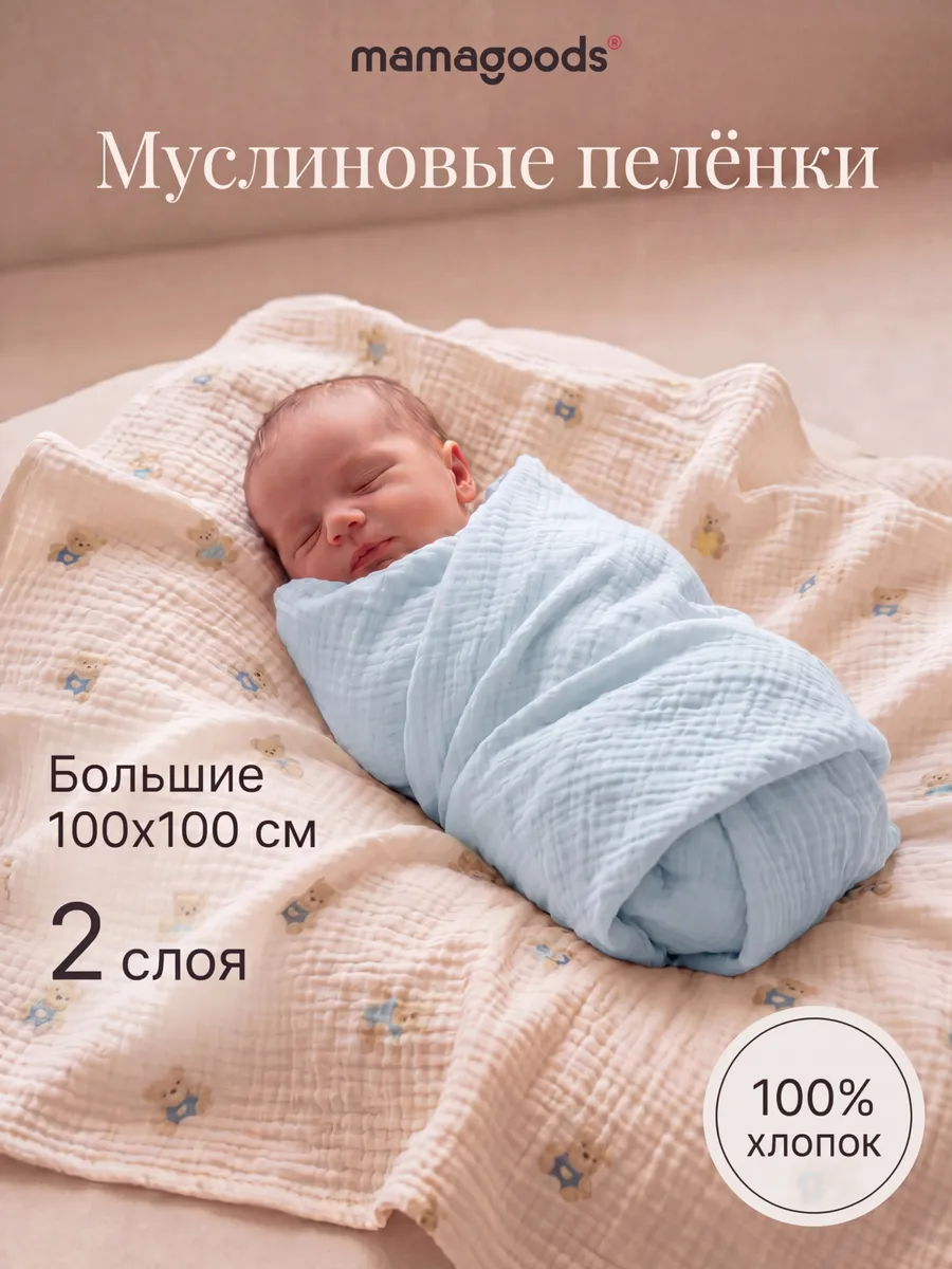 Пелёнка Mamagoods голубые мишки муслин 100х100 см 2 шт. - фото 1