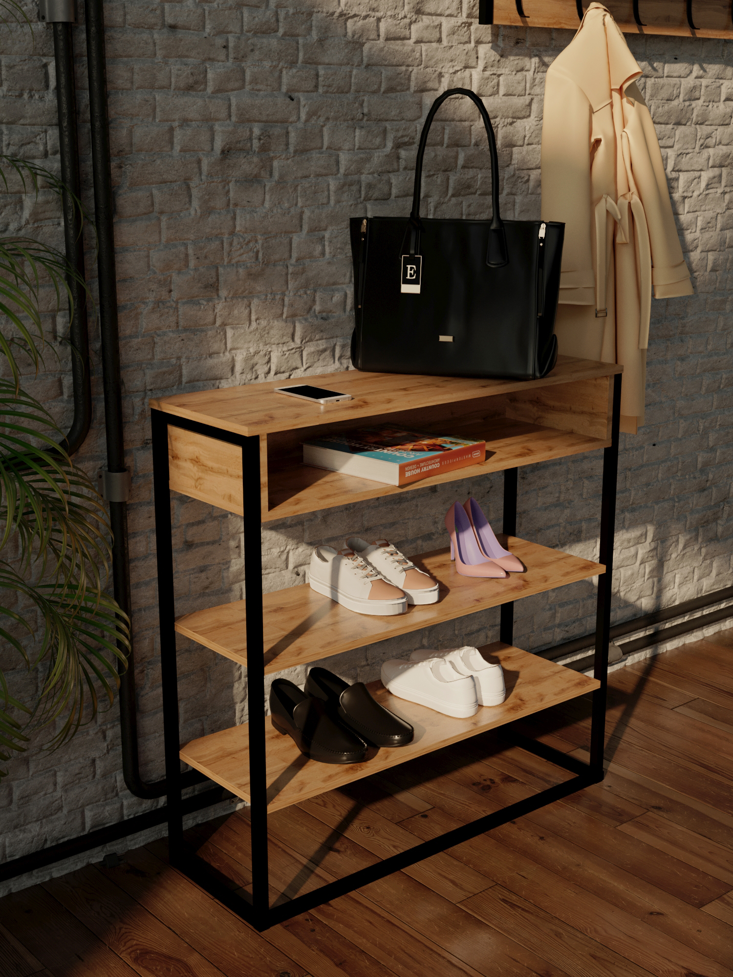 Стеллаж WoodSteel для прихожей в стиле Лофт Chicago lite 90x30x90 см чёрный - фото 2