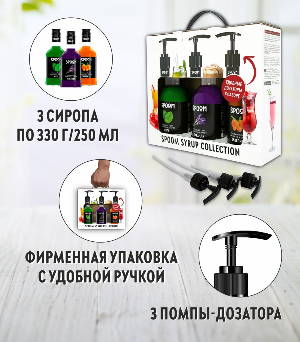 Набор сиропов SPOOM Мята Лаванда Облепиха для коктейлей чая и кофе 3шт 250мл + 3 дозатора - фото 2