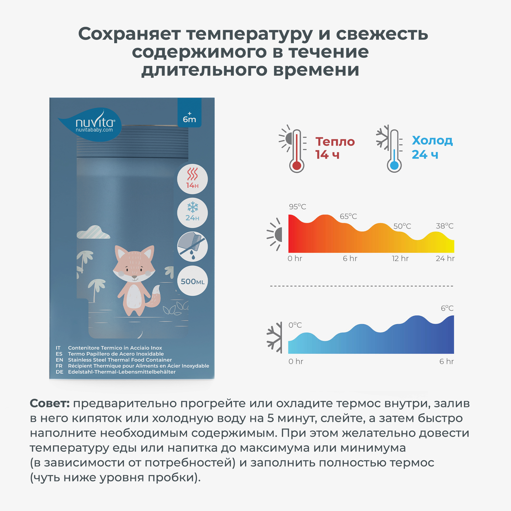 Термос детский для еды и жидкостей Nuvita с широким горлом 500 мл синий - фото 3