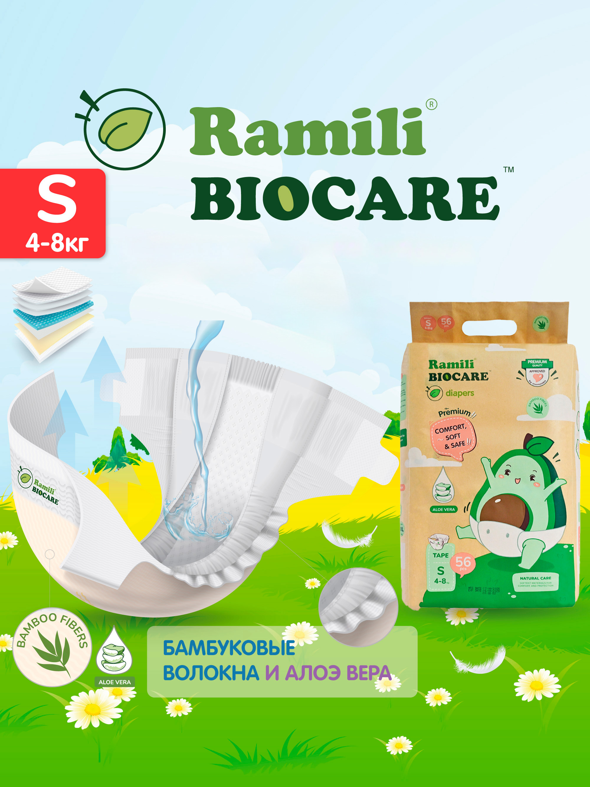 Изображение товара Подгузники Ramili Premium для новорожденных 56 шт Размер 2 (4-8 кг)