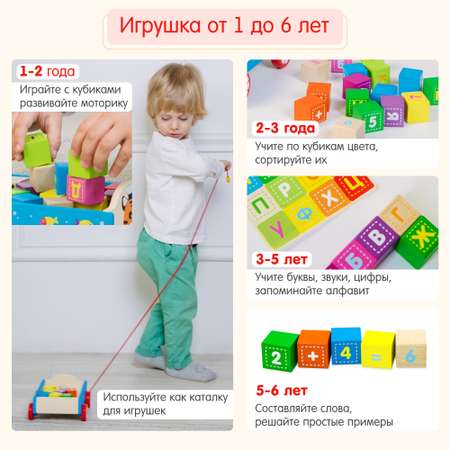 Каталка конструктор Тигр Алатойс развивающая деревянная Монтессори + гайд с играми