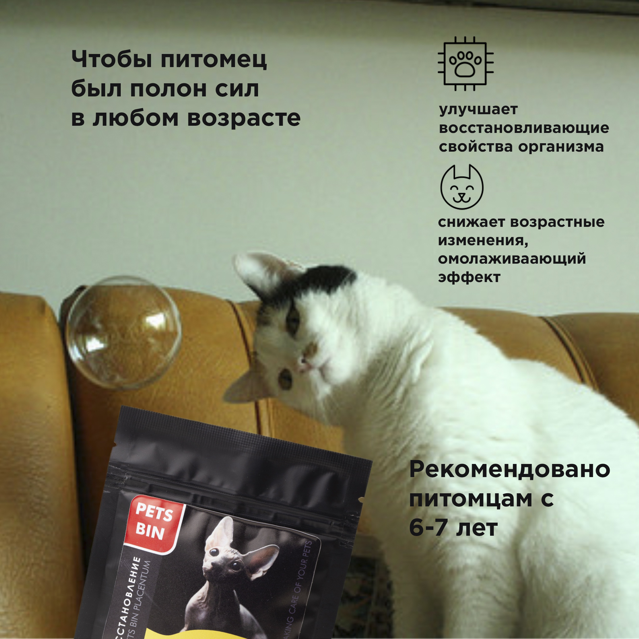 Лакомство для кошек PETS BIN Placentum для регенерации и омоложения организма питомца с коллагеном 5 типа 25 г - фото 2