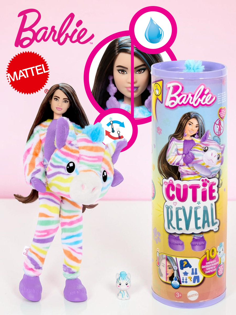 Кукла модельная Barbie Cutie Reveal Барби в костюме - зебра тубус высота 29 см HRK39 - фото 1