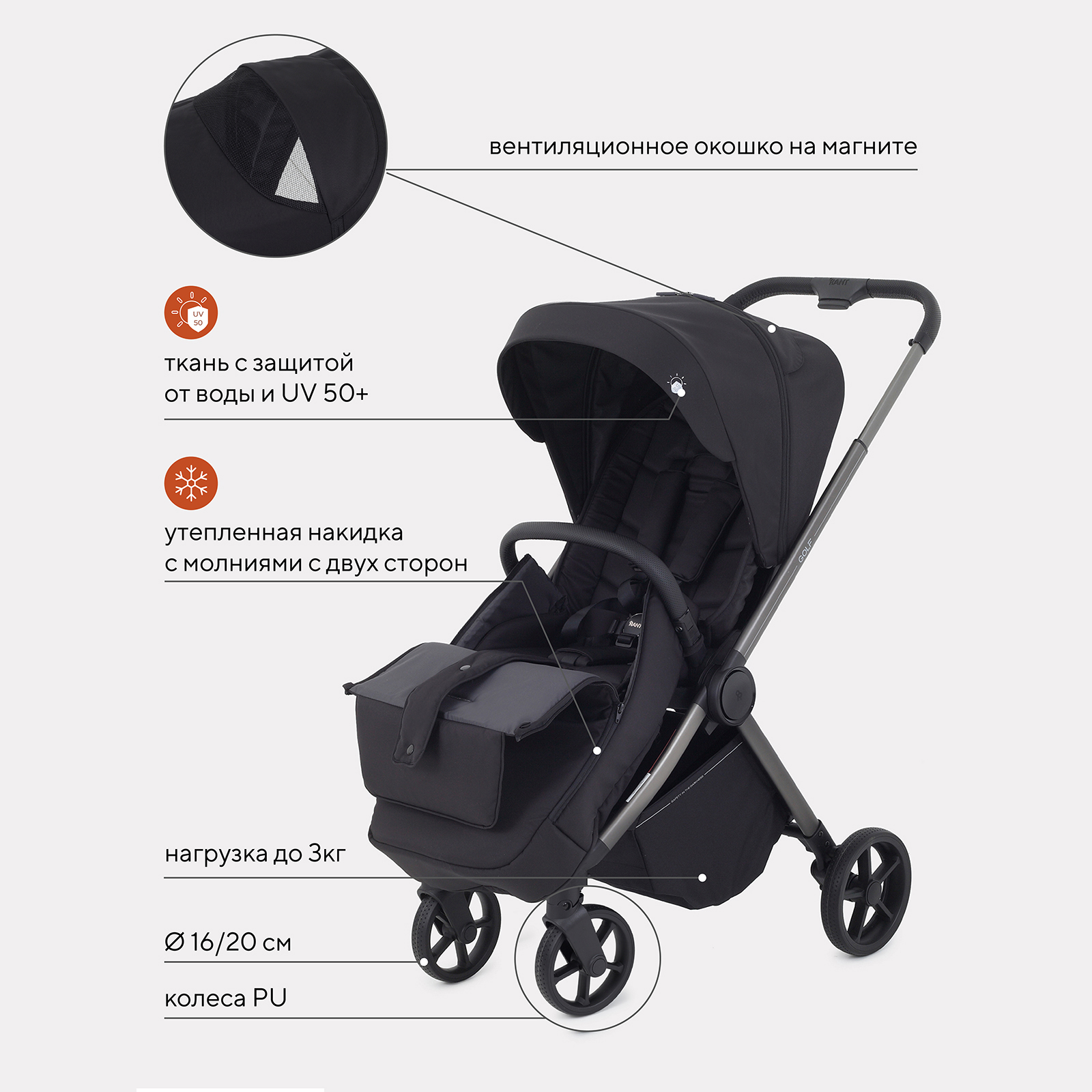 Коляска прогулочная Rant Golf черный - фото 3