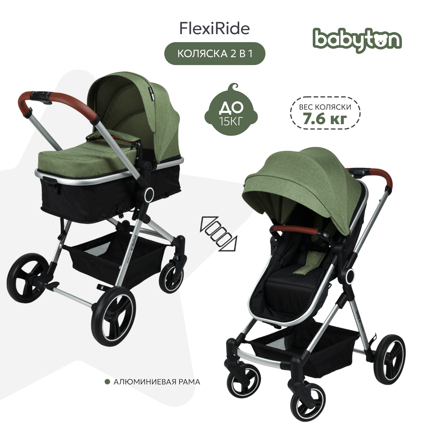 Коляска трансформер Babyton FlexiRide Black-Green зеленый - фото 2