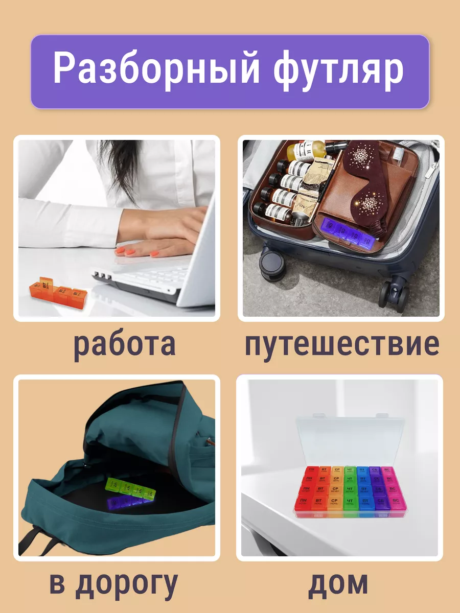 Таблетница на неделю AXLER 4 приема, бокс для лекарств контейнер для таблеток кейс органайзер для витаминов - фото 3