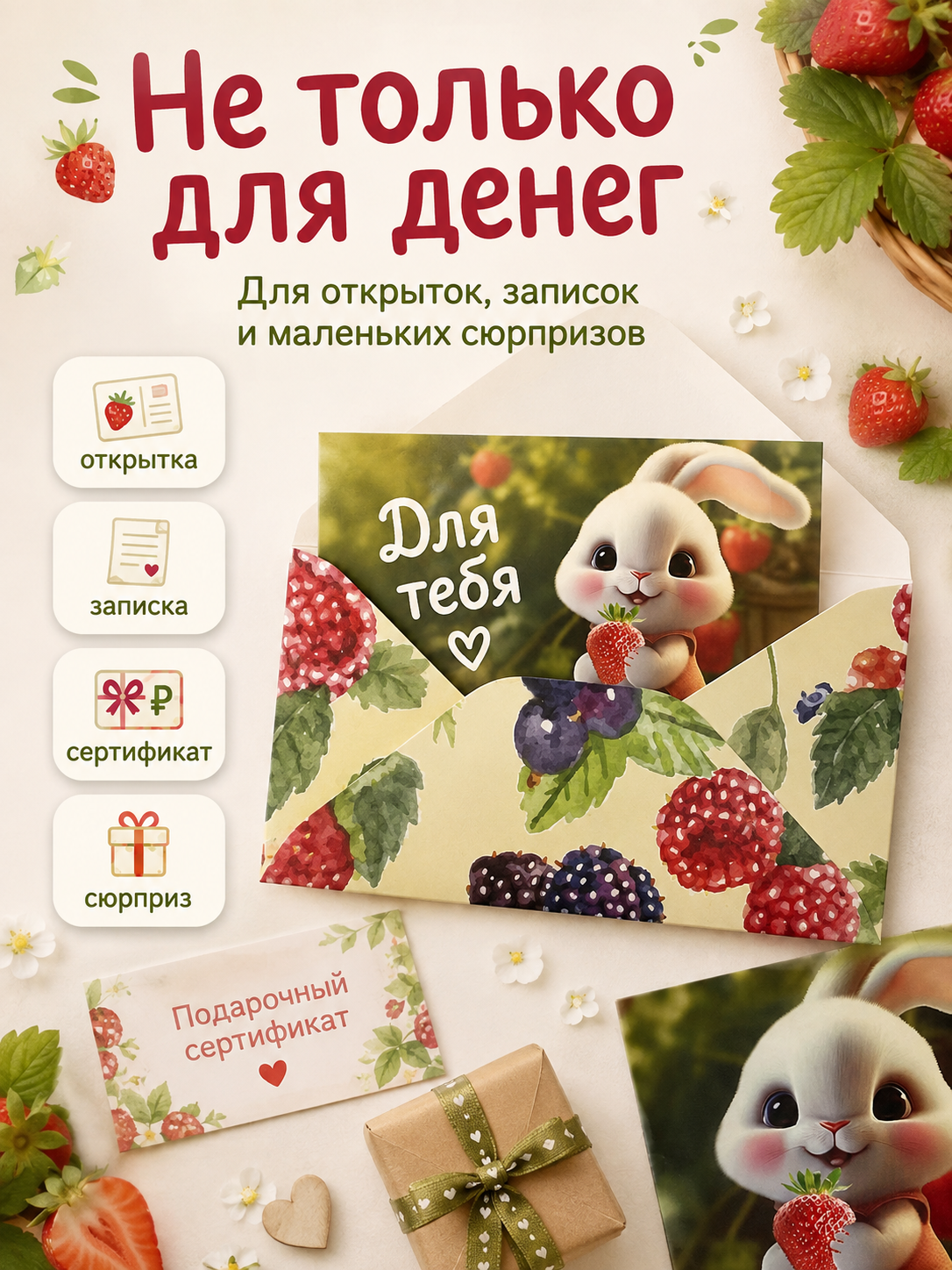 Конверты для денег детские Филькина Грамота с зайчиком и клубникой, 10 шт. - фото 6