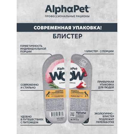 Корм для щенков/беременных и кормящих AlphaPet Wow Superpremium ламистер влажный индейка с потрошками 100г