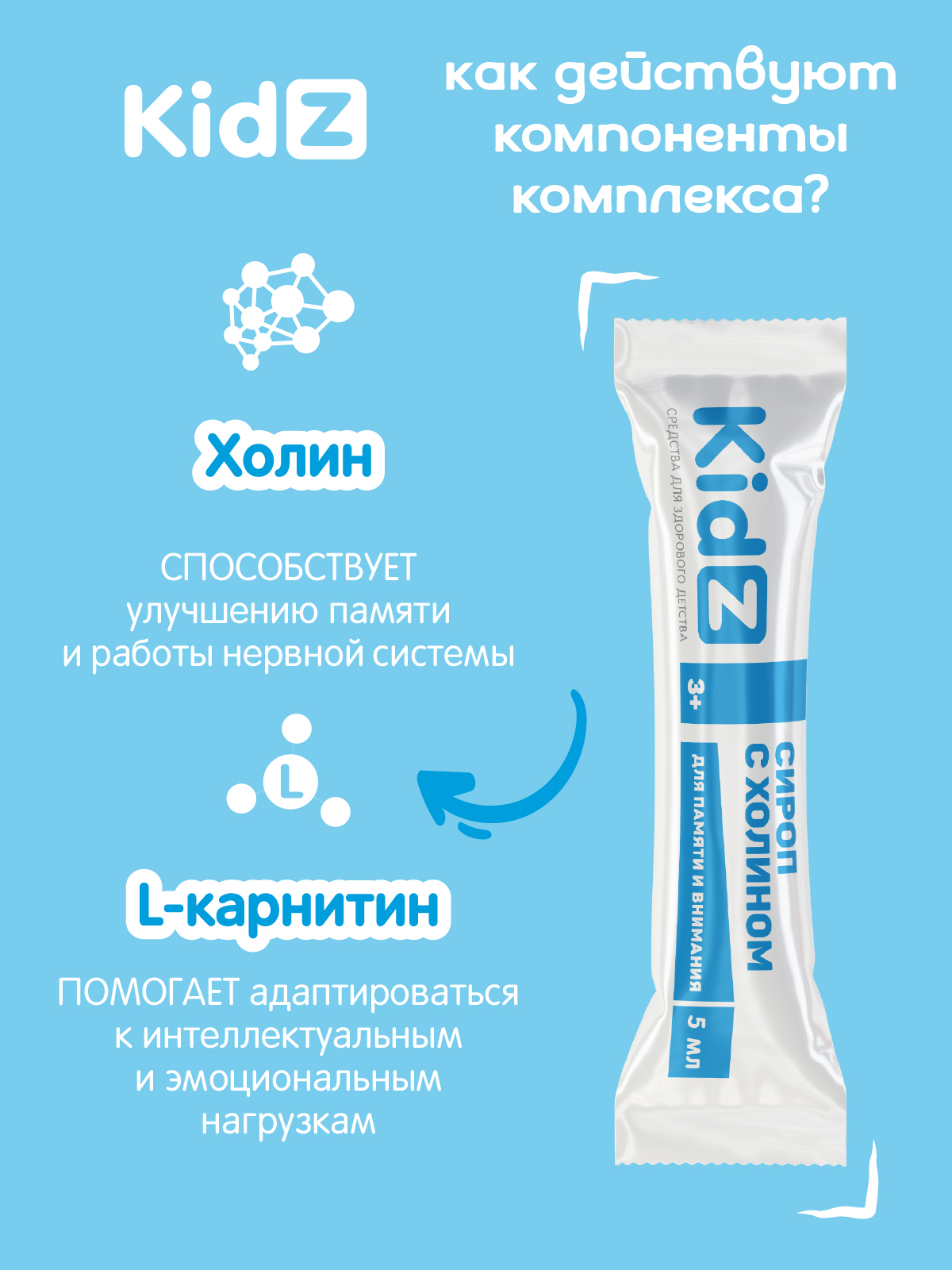 Сироп с холином Kidz витамины для внимания и памяти для детей стик №10 - фото 2