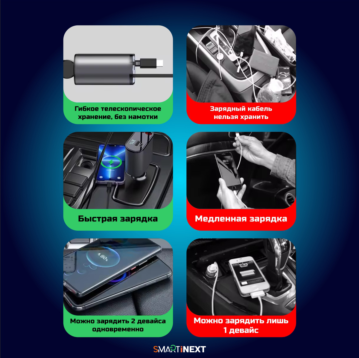 Автомобильное зарядное устройство SmartiNext с 2 встроенными кабелями usb type-c черный - фото 2