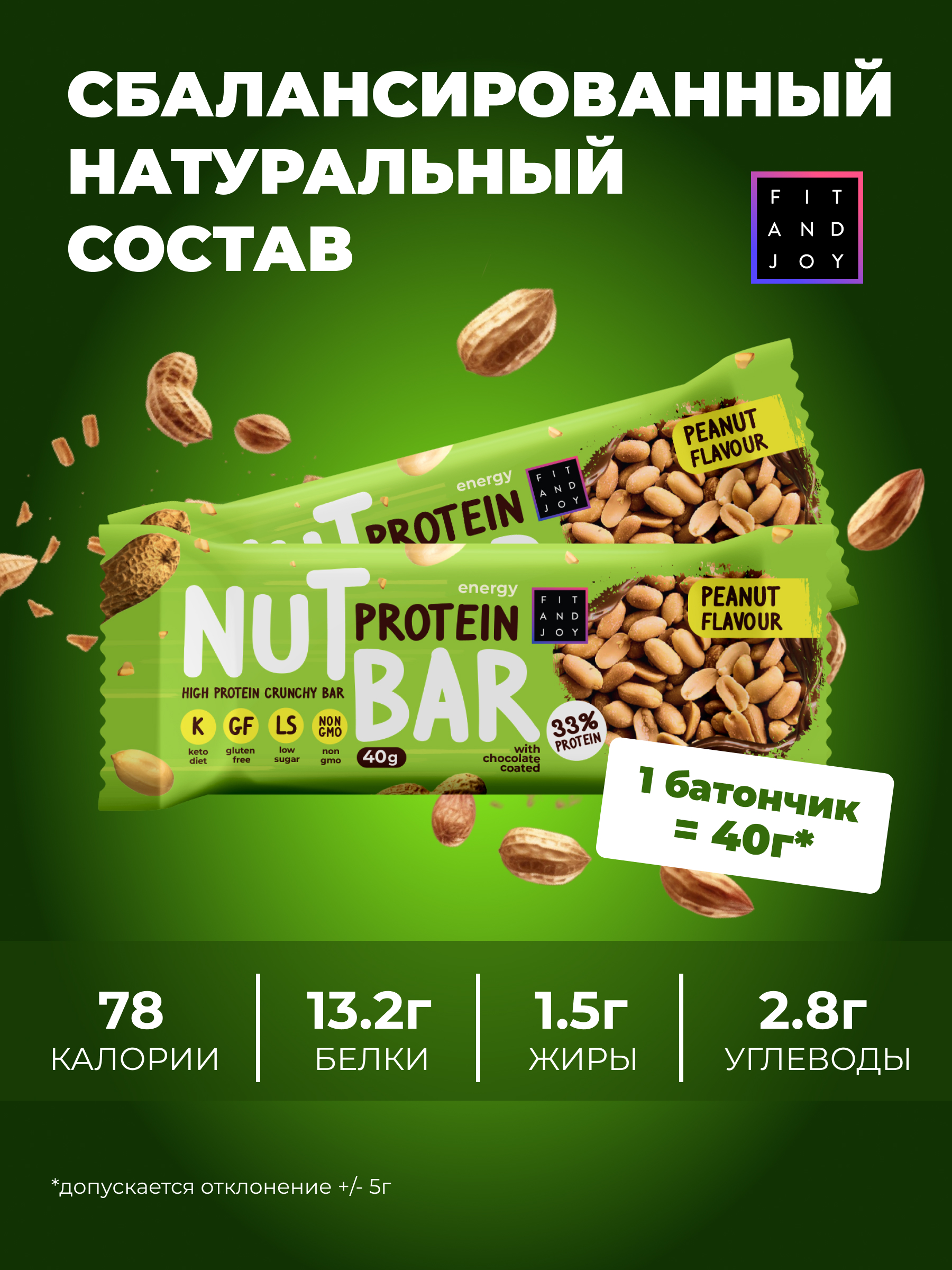 Ореховые Протеиновые батончики FIT AND JOY Арахис набор 16шт *40шт - фото 4
