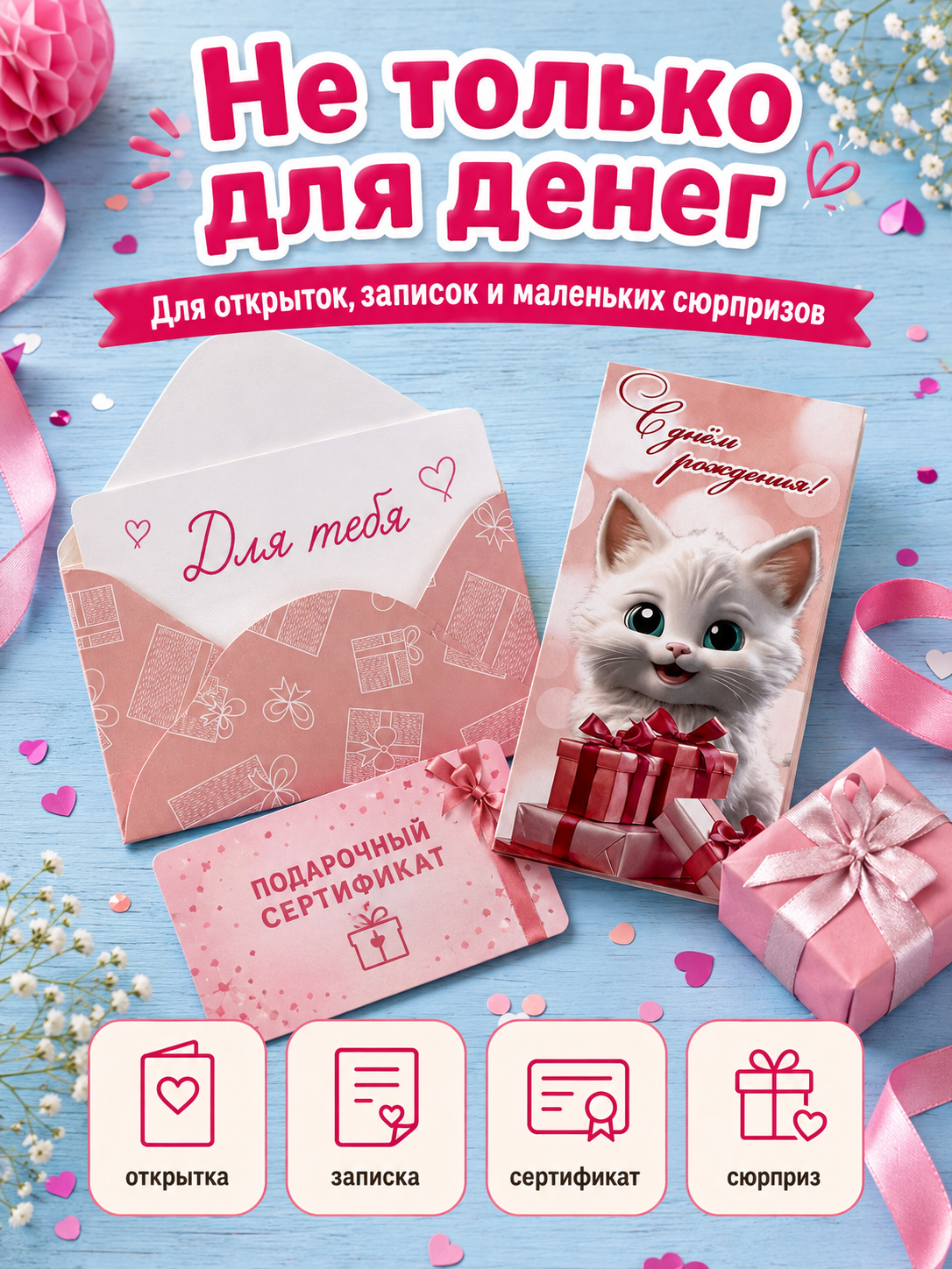 Конверты для денег детские Филькина Грамота С днём рождения, котёнок и подарки - фото 8