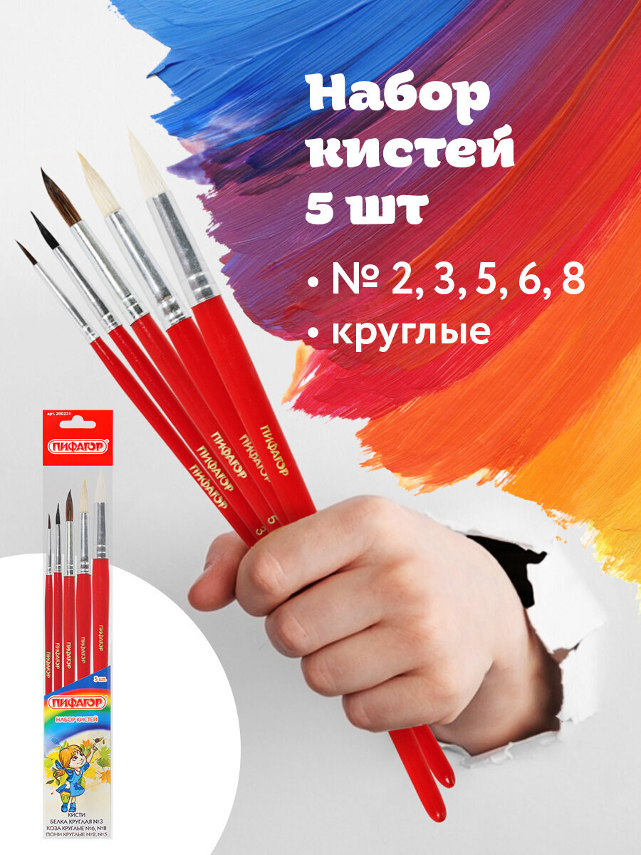 Кисть Пифагор 5 шт. (коза, белка, пони) - фото 1