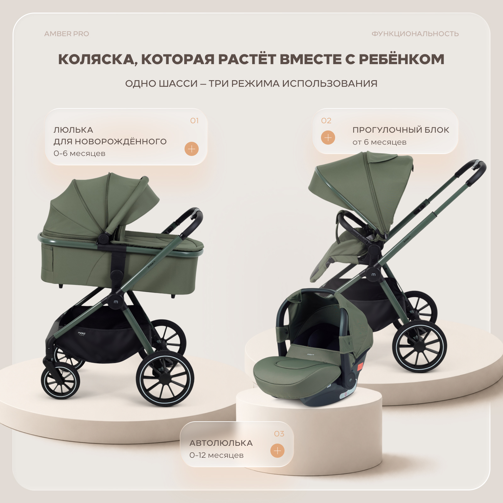 Коляска 3в1 MOWbaby Amber pro зеленый - фото 2