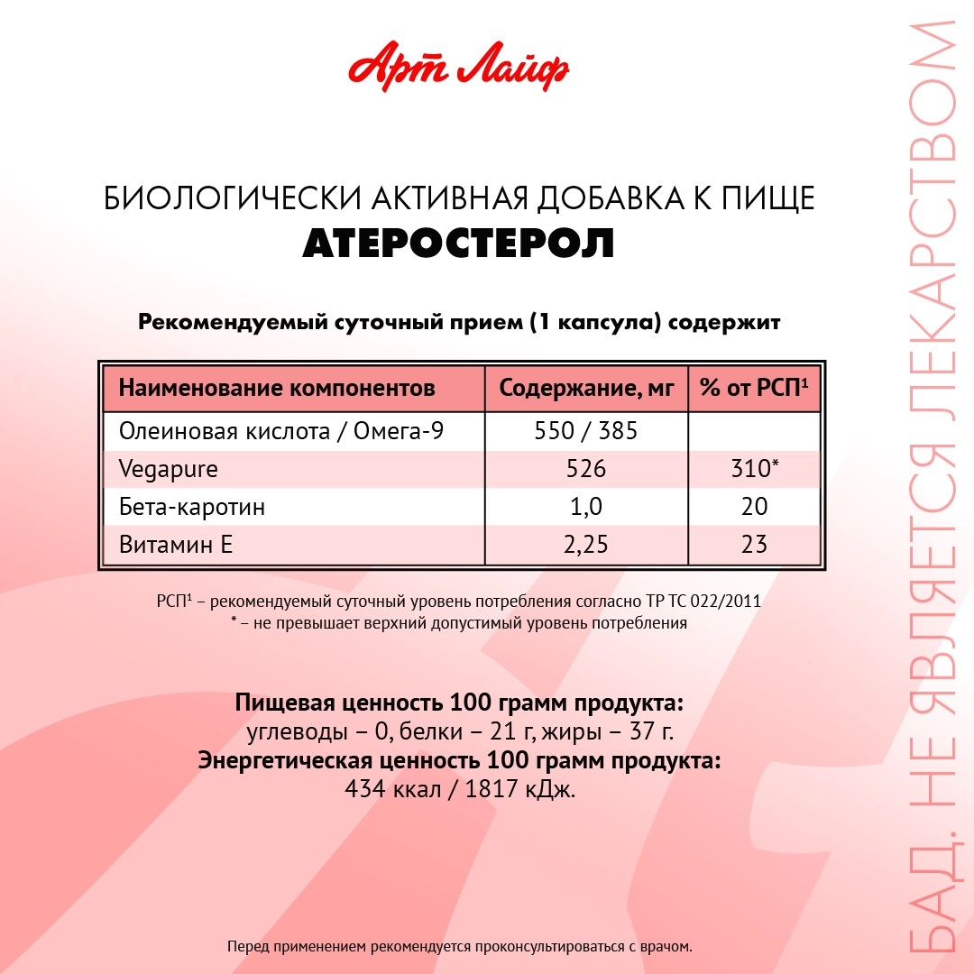 Растительные стеролы снижают холестерин. Арт Лайф Art Life Атеростерол, 90 капсул. - фото 2