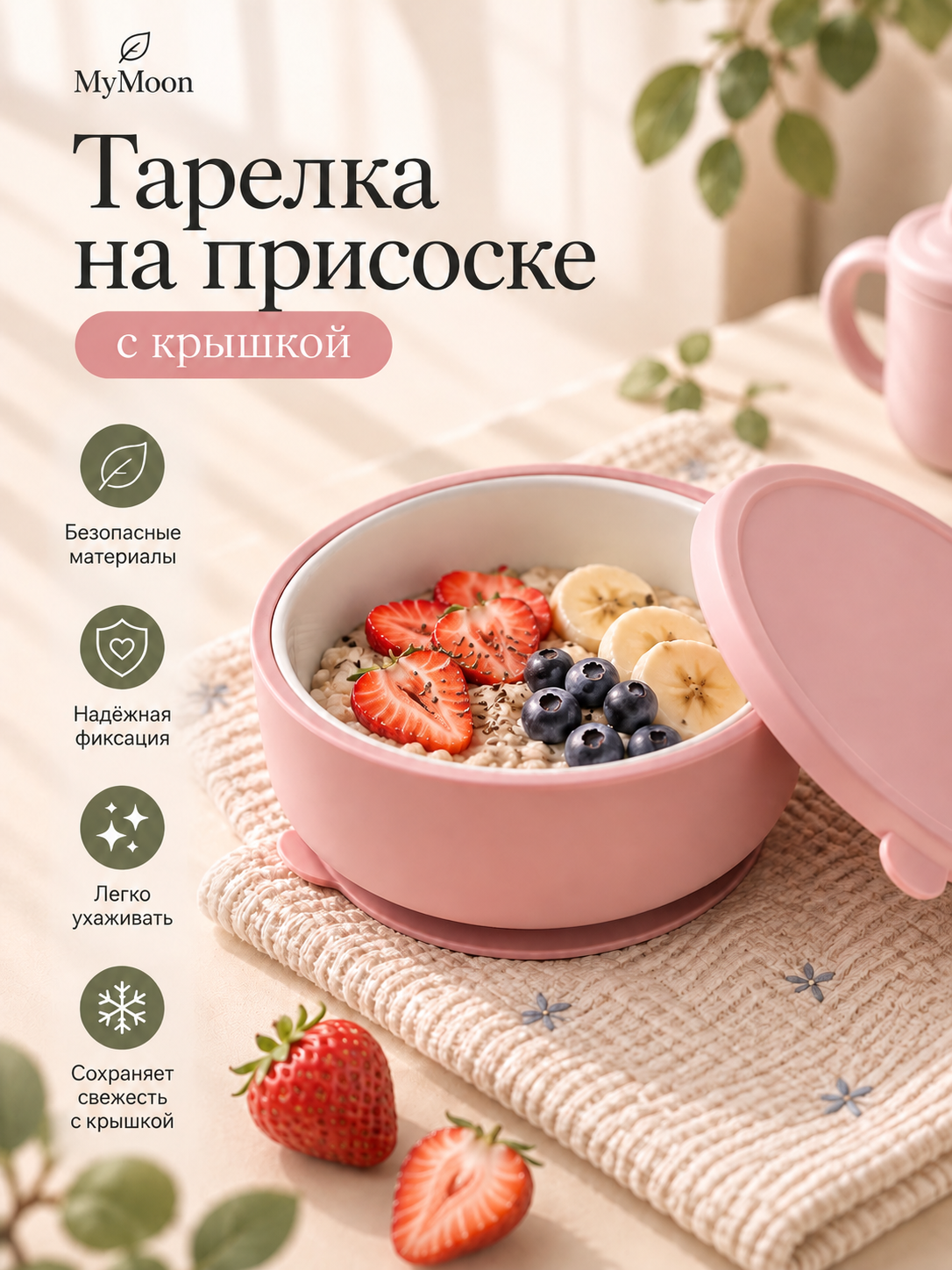 Тарелка MyMoon с крышкой розовая 400 мл 2 предм. - фото 1