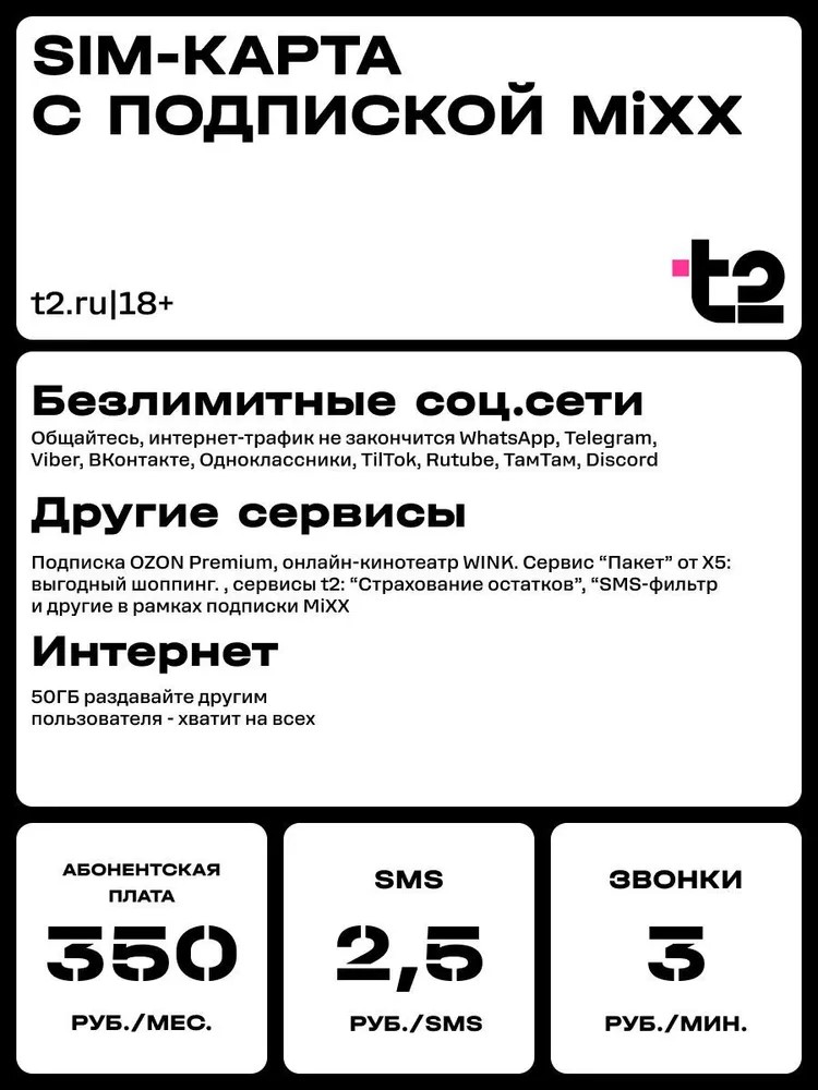 Sim-карта t2 для Москва, Московская область, тариф Классический, баланс - 400 рублей - фото 2