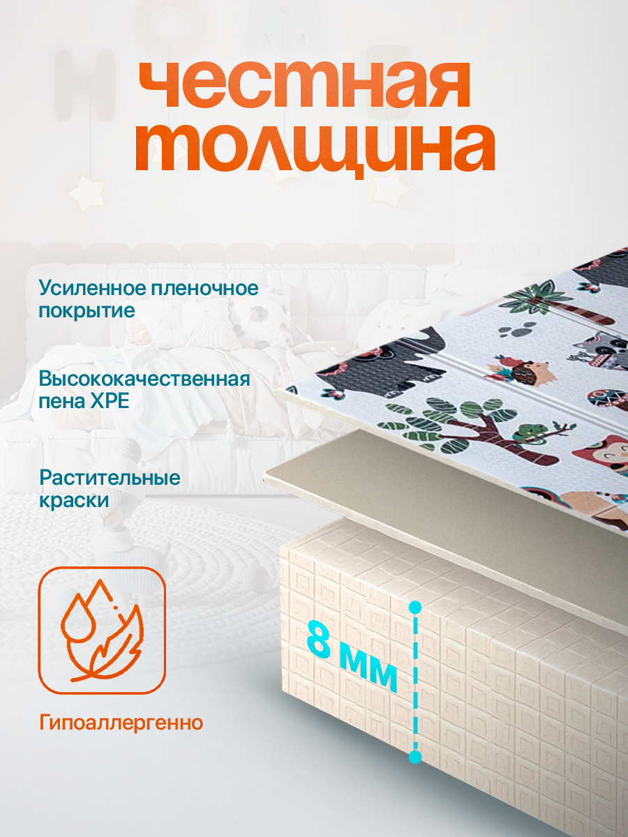 Коврик детский для ползания METOMI Яркие дороги/Зоопарк - фото 4