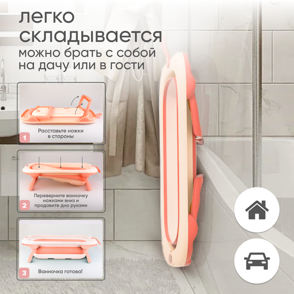 Детская складная ванночка Solmax с термометром для купания новорожденных розовая - фото 7