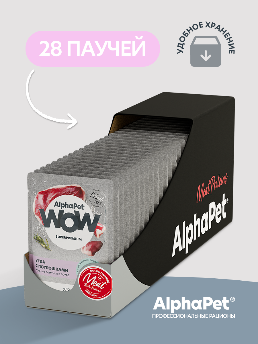 Пауч 28 шт Влажный полнорационный корм AlphaPet для кошек с чувствительным пищеварением утка с потрошками сочные ломтики 85 г - фото 9