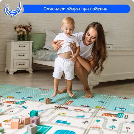 Детский коврик MIKMEL складной игровой развивающий двусторонний для ползания 180х200х1 см Город/Зоопарк