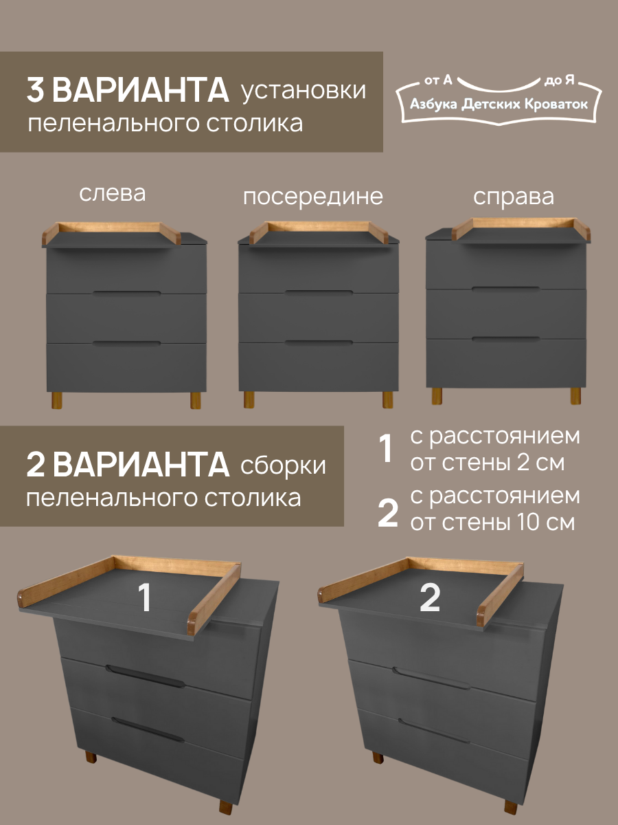 Комод пеленальный Азбука Кроваток Аврора 3 ящика графит бук - фото 6