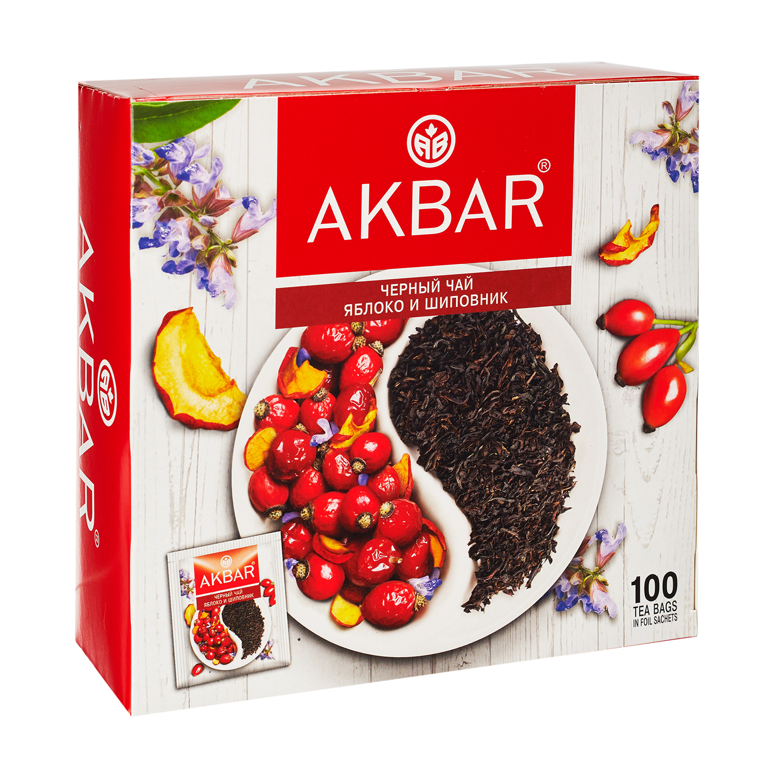 Чай Akbar Черный Яблоко и Шиповник 100 пакетов в конвертах - фото 1