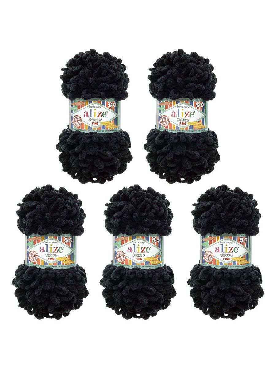 Пряжа для вязания Alize puffy fine 100 г 14.5 м микрополиэстер фантазийная мягкая 60 черный 5 мотков - фото 6