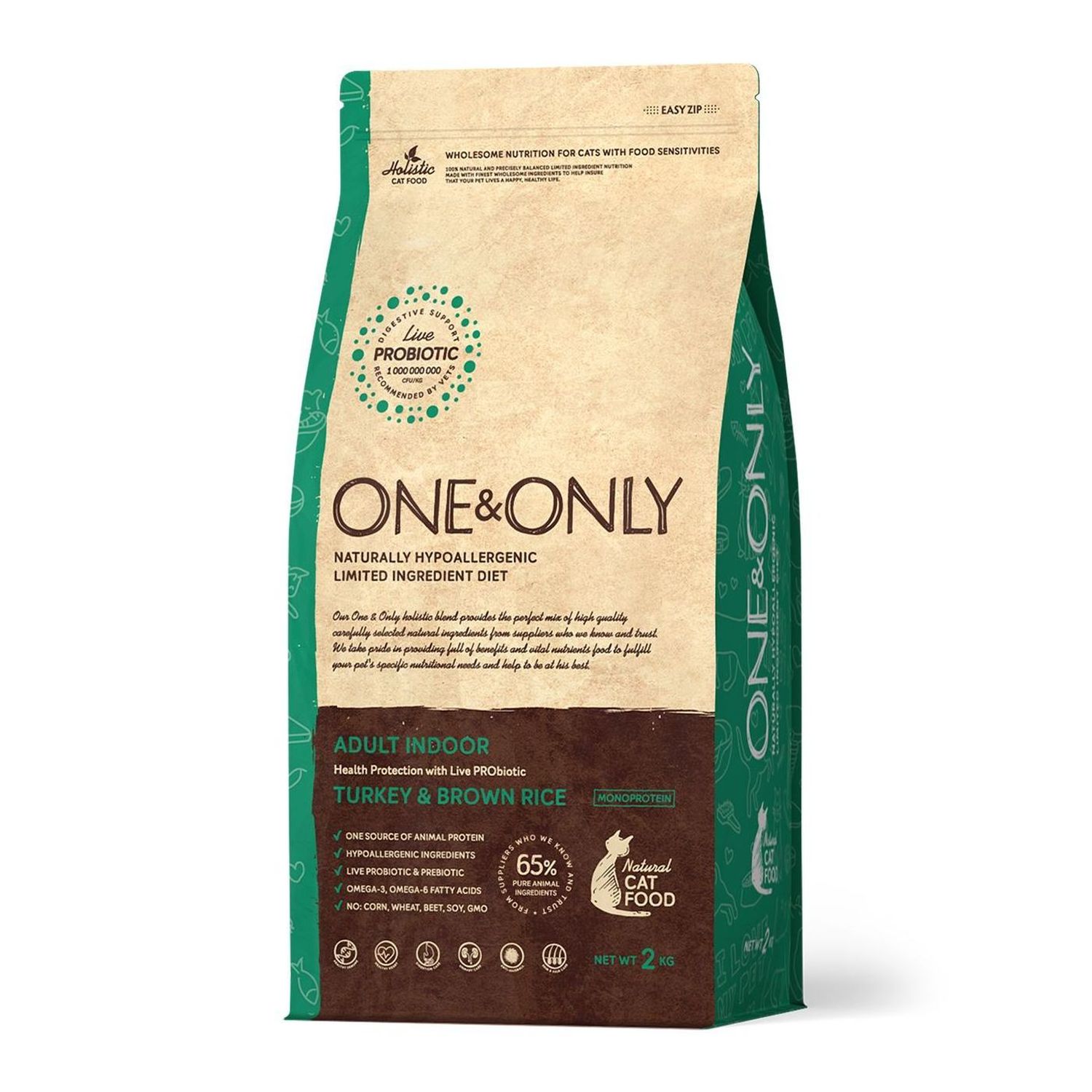 Корм для кошек One and Only домашних индейка с бурым рисом 2кг - фото 1