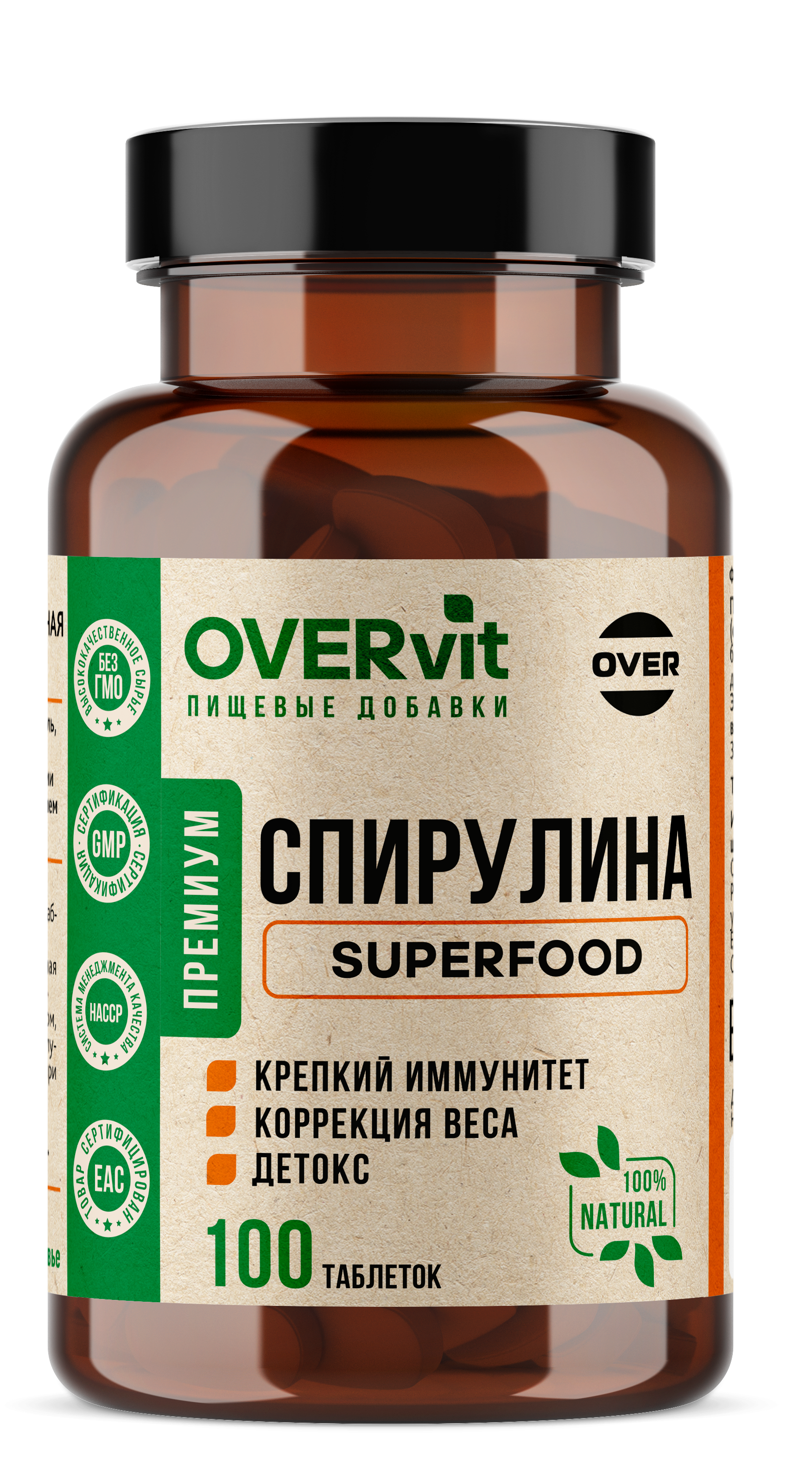 Спирулина OVER БАД Укрепление иммунитета Детокс 100 таблеток - фото 1