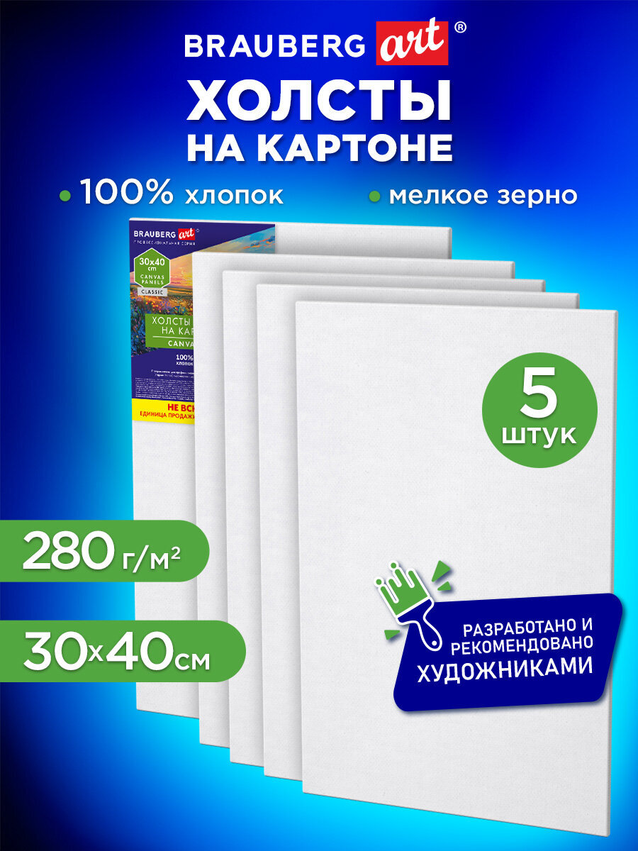 Изображение товара Холст для рисования на картоне Brauberg маленький 30x40 см набор 5 штук
