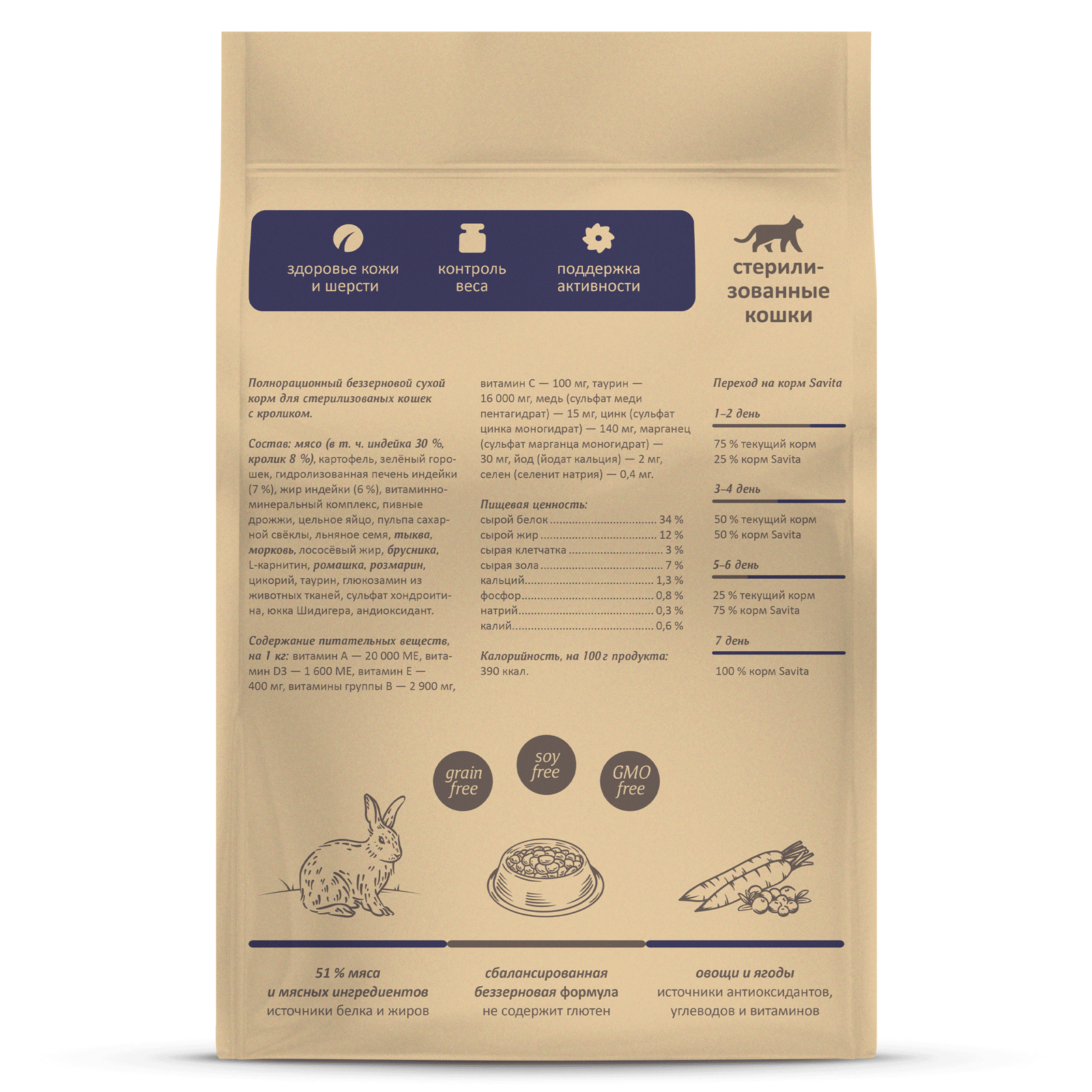 Корм для стерилизованных кошек SAVITA Grain Free Sterilised с кроликом 400г - фото 11