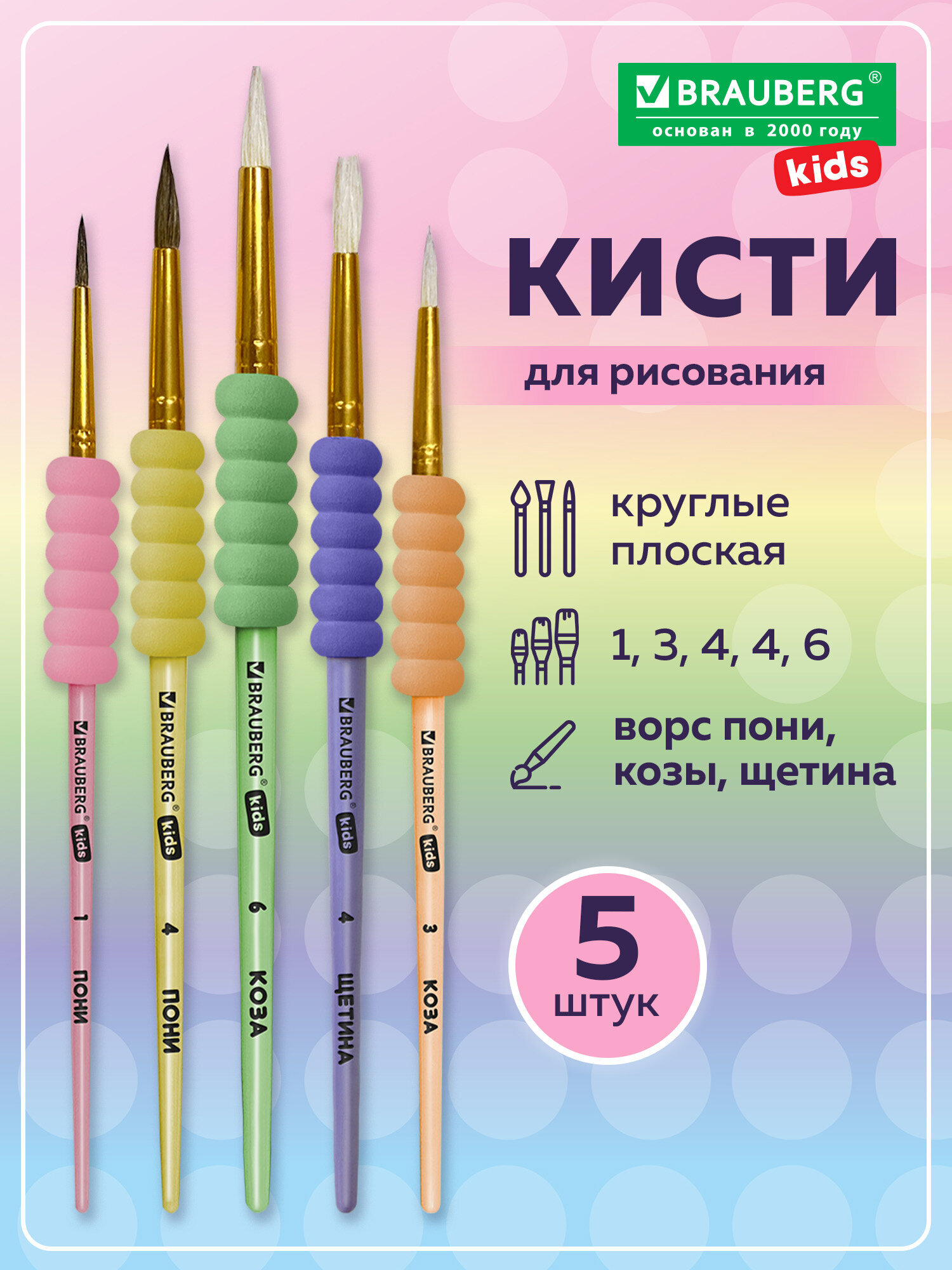 Кисть Brauberg 5 шт. (коза, пони, щетина) - фото 1