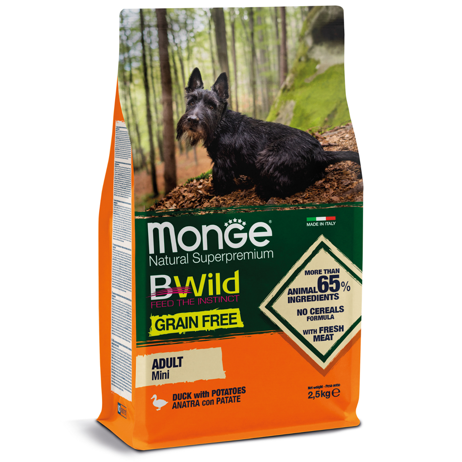 Корм для собак MONGE BWild Grain free Mini мелких пород из мяса утки с картофелем 2.5кг - фото 2