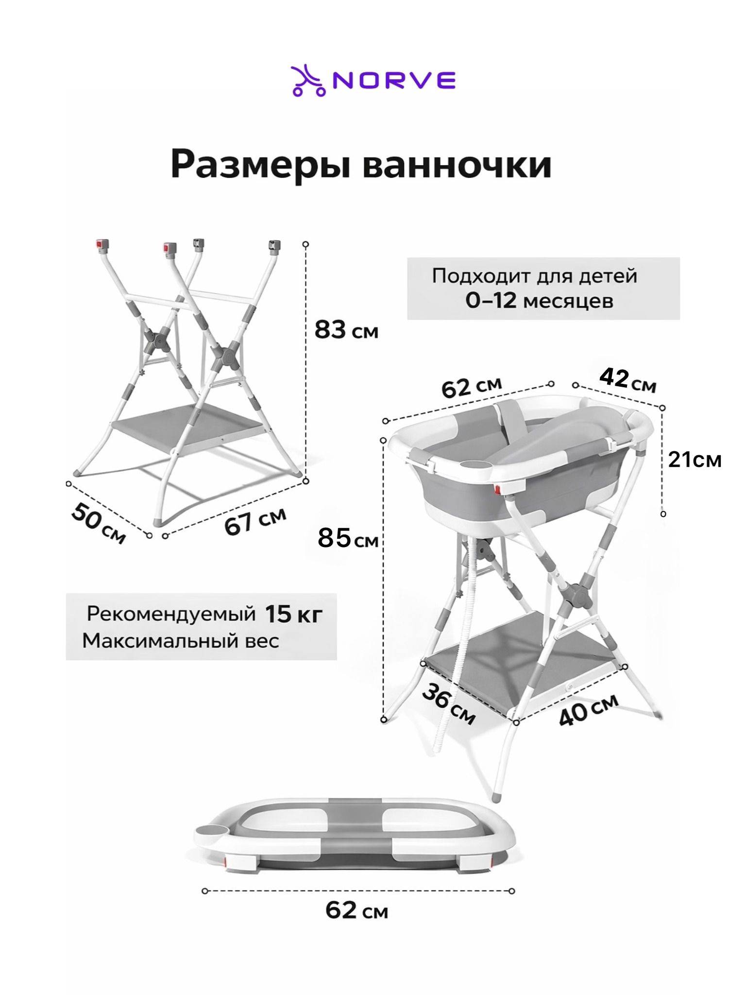 Ванночка NORVE Амазонка для купания с горкой складная серый - фото 3