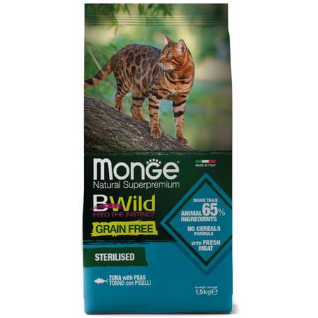 Корм для кошек MONGE BWild Grain free стерилизованных из тунца и гороха 1.5кг